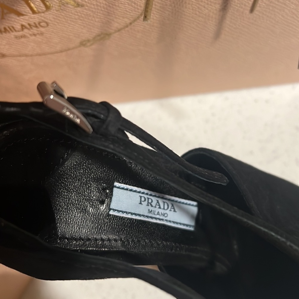 PRADA ankle strap black suede heels sandals with box, bag, and extra tips. - Picture 8 of 11